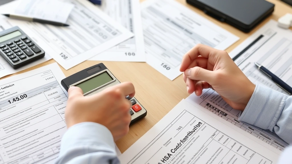 5498-sa tax form - 
Person using calculator to verify HSA contribution amounts with tax forms sprea