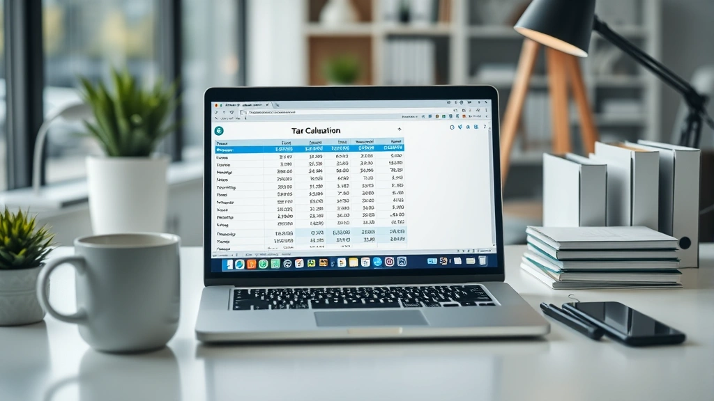 65k a year is how much a month after taxes - 
Modern office workspace with laptop showing tax calculation spreadsheet, coffee