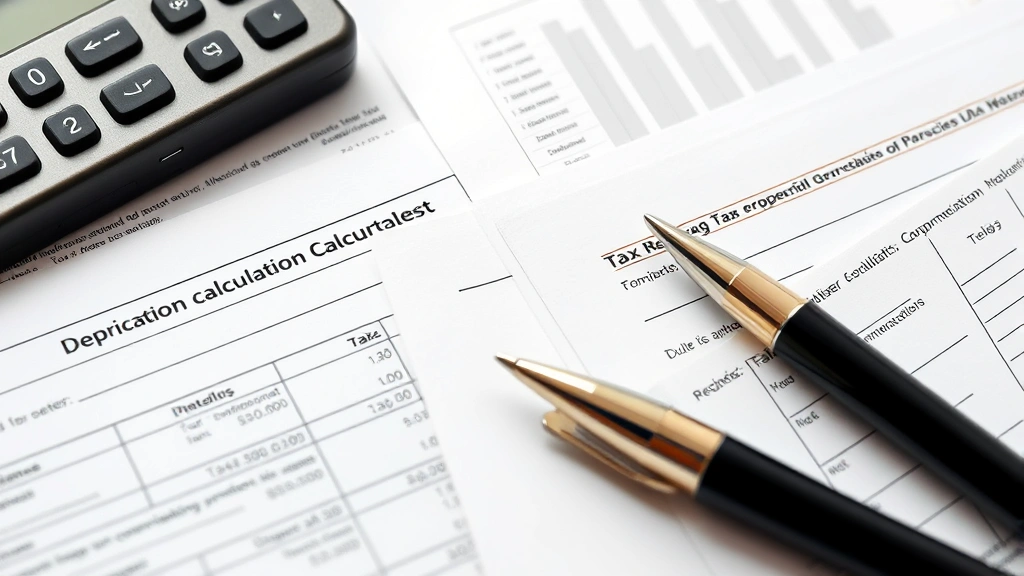 806 tax code - 
Close-up of tax forms and depreciation calculation worksheets with pen and fina