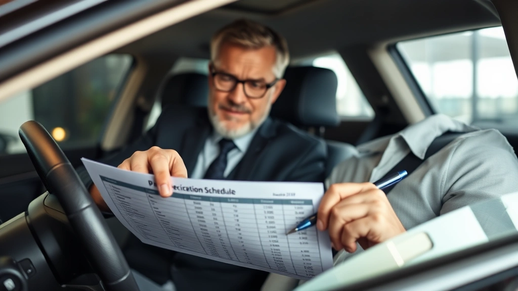 ad valorem tax for georgia vehicles - 
Middle-aged car owner examining depreciation schedule chart with vehicle title 