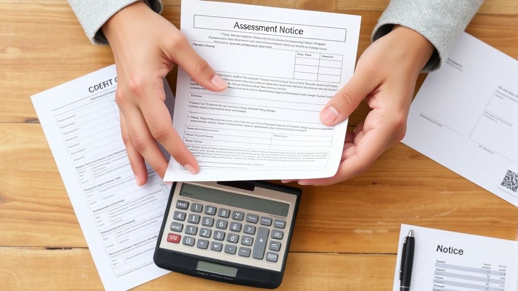 ad valorem tax ga - 
Close-up of hands holding property deed and assessment notice with calculator a