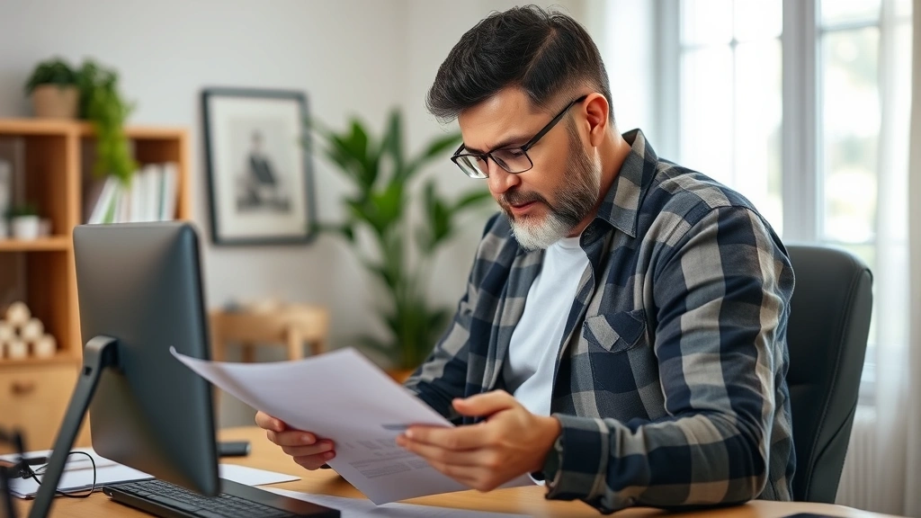 adams county property tax - 
Homeowner examining property assessment notice with concerned expression in hom