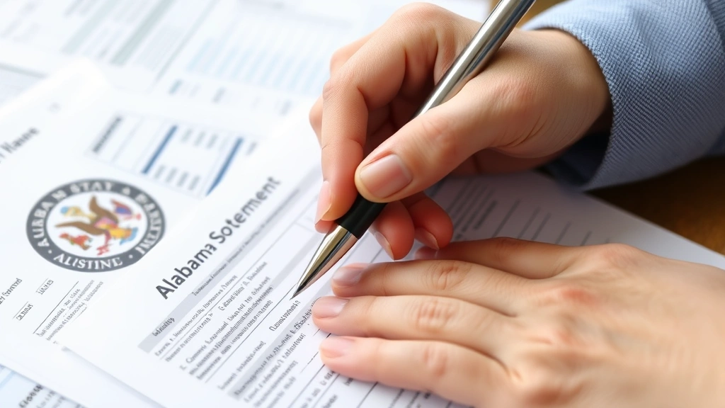 alabama business privilege tax - 
Close-up of hands holding a pen over tax forms and financial statements with Al