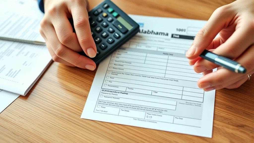 alabama income tax refund status - 
Close-up of hands holding Alabama tax return form with calculator and pen on wo