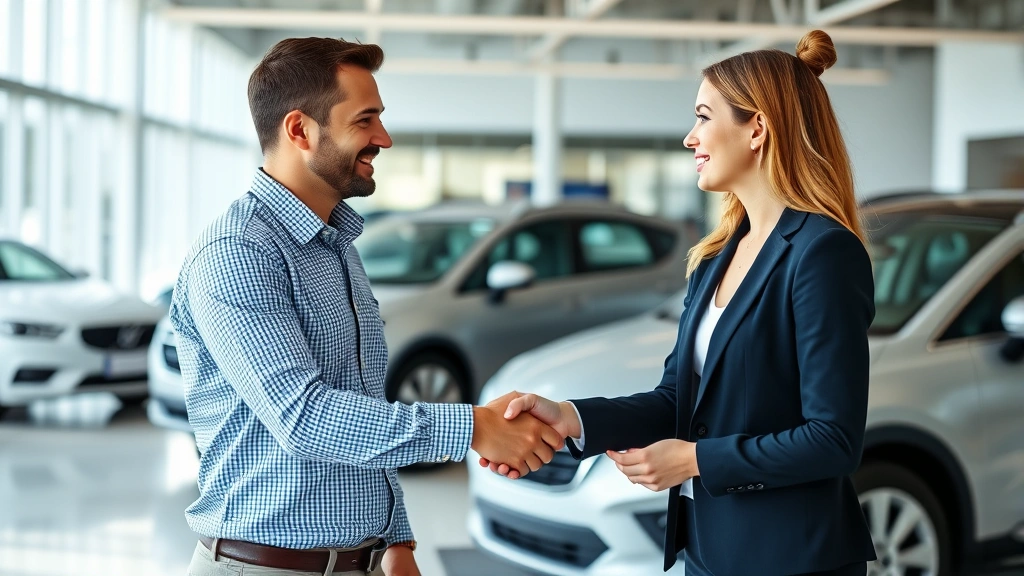 alabama vehicle sales tax - 
Male customer shaking hands with female car salesman in dealership showroom wit