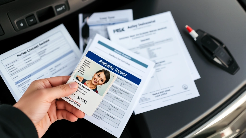 alabama vehicle sales tax - 
Person holding Alabama state ID and insurance documents with vehicle purchase p