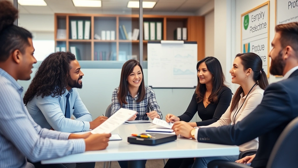 aldine isd tax office - 
Diverse group in tax office meeting with friendly staff member discussing payme