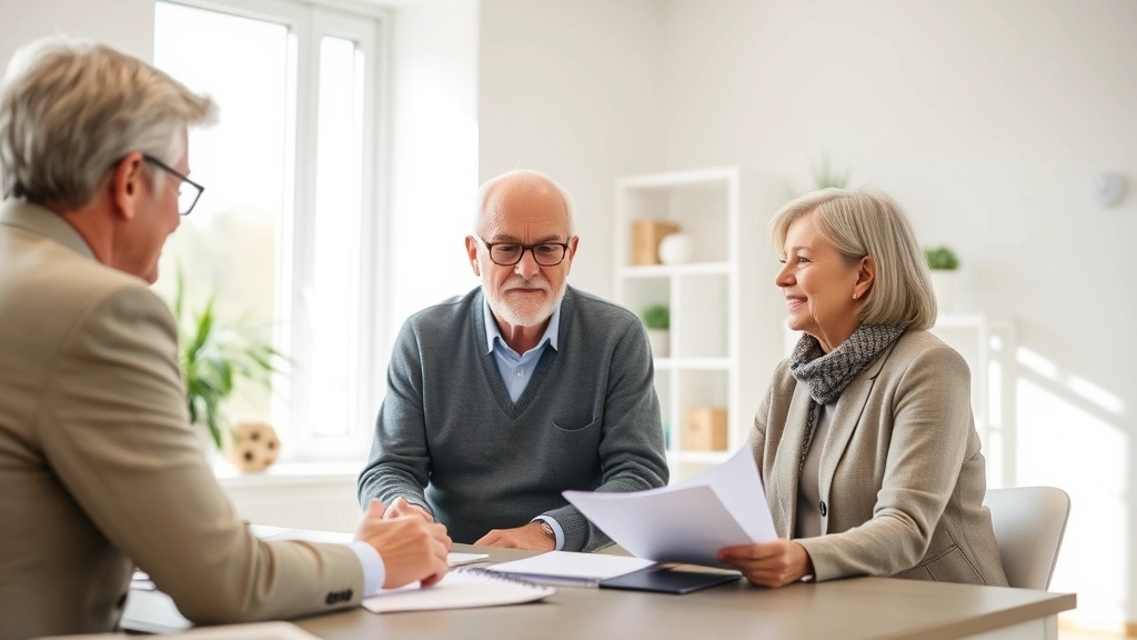 alief isd tax office -
Senior couple meeting with a financial advisor in a bright office, discussing p