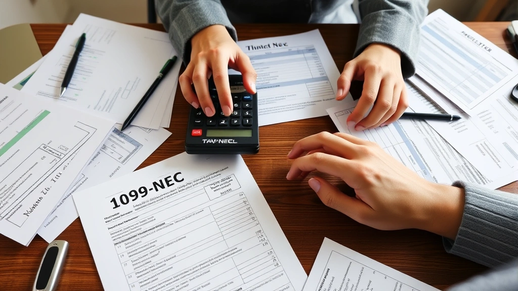 amazon flex tax forms - 
Person at desk with 1099-NEC tax form, calculator, and financial documents spre