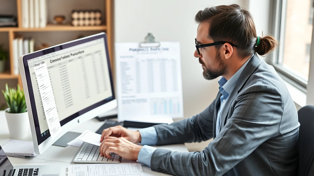 anaheim tax rate -
Business owner calculating payroll deductions on computer with spreadsheet and