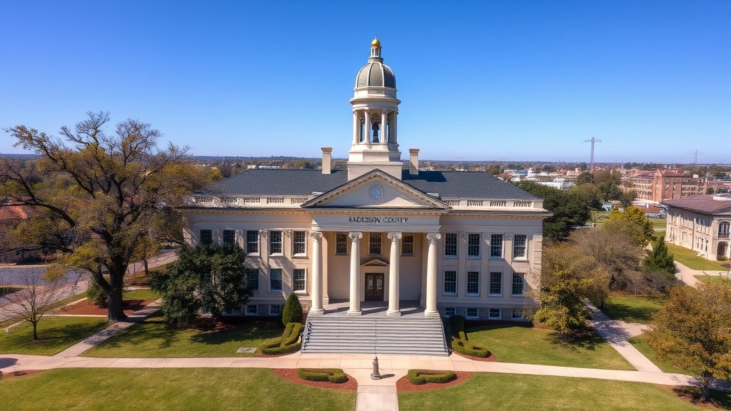 anderson county tax records - 
Aerial view of Anderson County courthouse building with classical architecture 