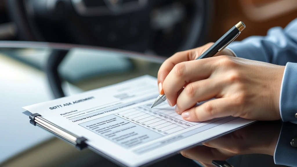 arizona car sales tax - 
Close-up of hands signing vehicle purchase agreement with pen and sales tax pap
