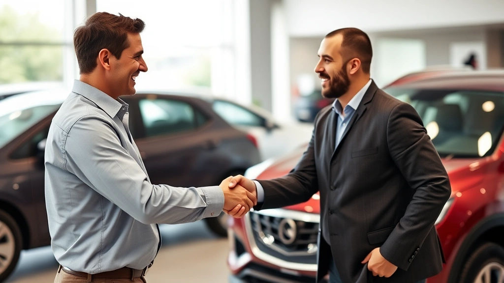 arkansas car sales tax - 
Handshake between car salesman and customer in dealership showroom with vehicle