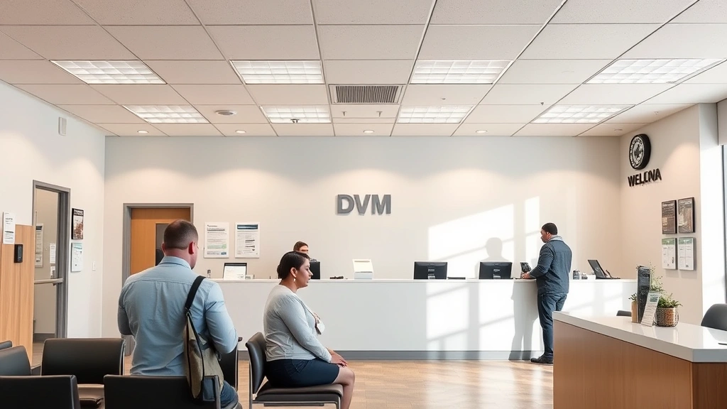 arkansas car sales tax - 
Modern DMV office interior with service counter and customers waiting, professi