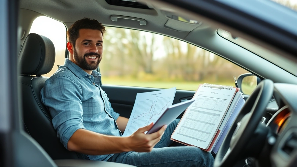 auto loan tax deduction - 
Self-employed person sitting in car with mileage log and business documents, mo