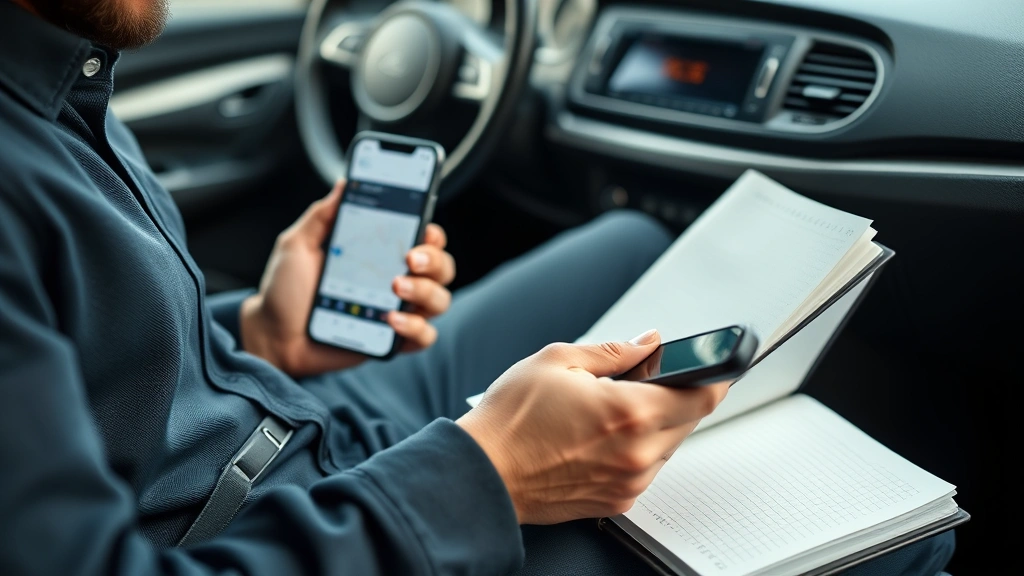 auto loan tax deduction - 
Business owner tracking vehicle mileage with smartphone app and notebook, car i