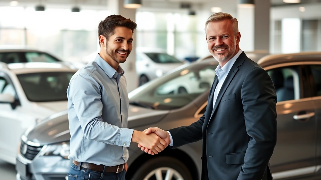 auto sales tax georgia - 
Friendly car salesman and customer shaking hands in dealership showroom with ne
