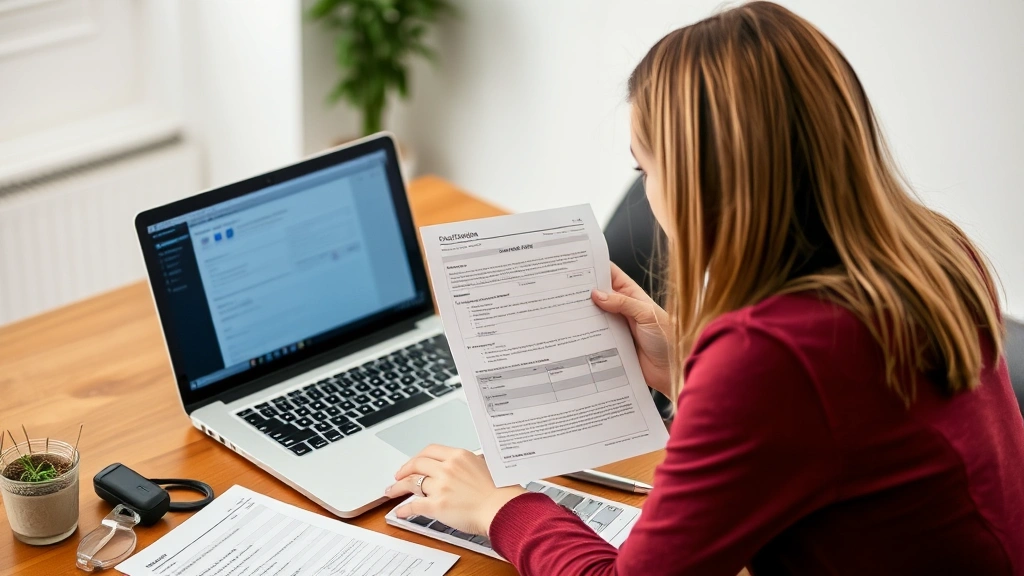 auto sales tax georgia - 
Woman reviewing vehicle title and registration documents with laptop open showi