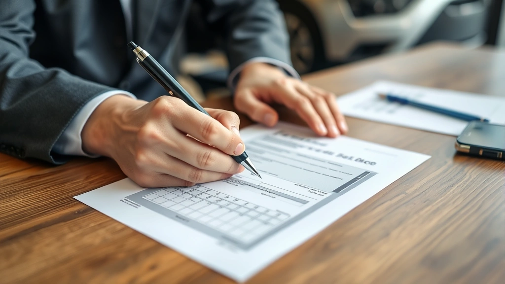 auto sales tax in alabama - 
Close-up of hands signing vehicle bill of sale with pen, paperwork spread acros