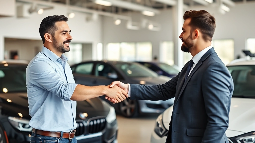 auto sales tax in alabama - 
Confident male customer shaking hands with car salesman in dealership showroom,
