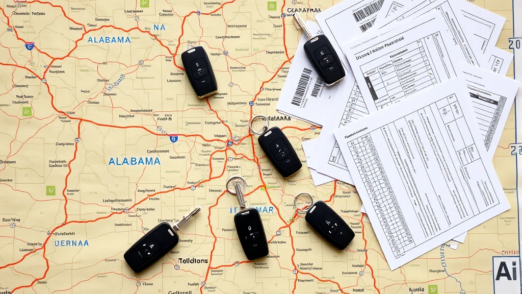 auto sales tax in alabama - 
Overhead view of Alabama road map with vehicle keys, registration forms, and ta