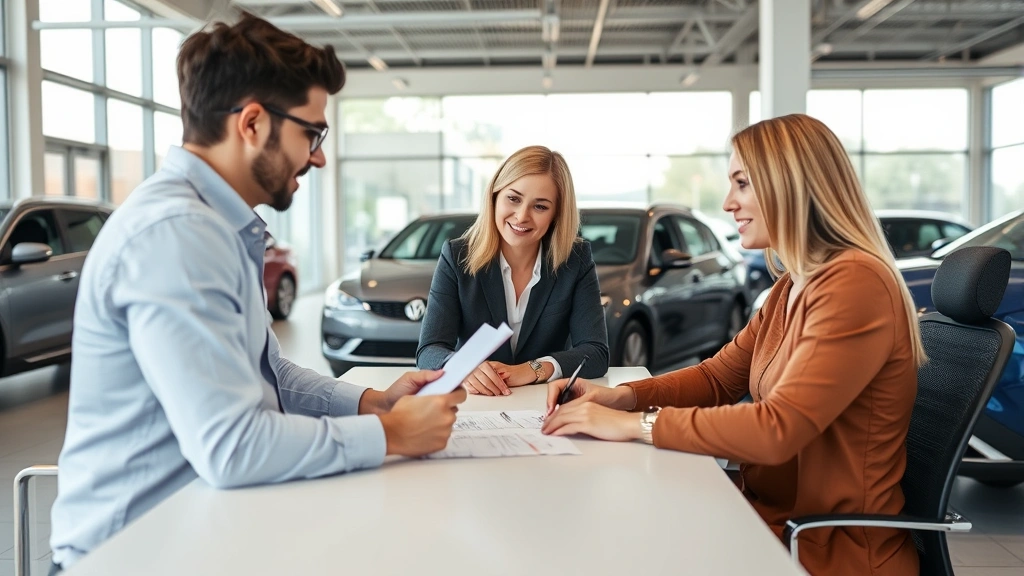 auto sales tax in alabama - 
Modern car dealership interior with customer reviewing paperwork at desk with d