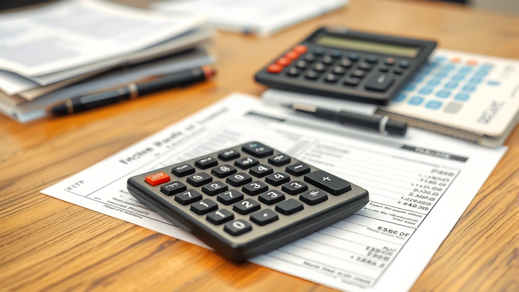 average tax rate formula - 
Close-up of calculator with tax forms and income statements spread across woode