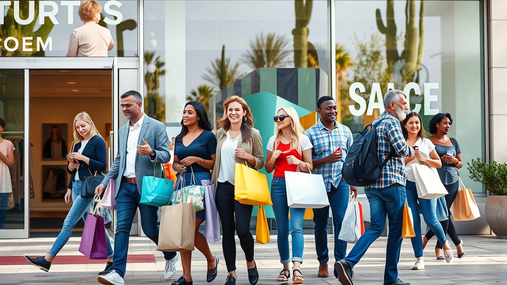 az sales tax tucson - 
Diverse group of Tucson shoppers with shopping bags in front of retail storefro