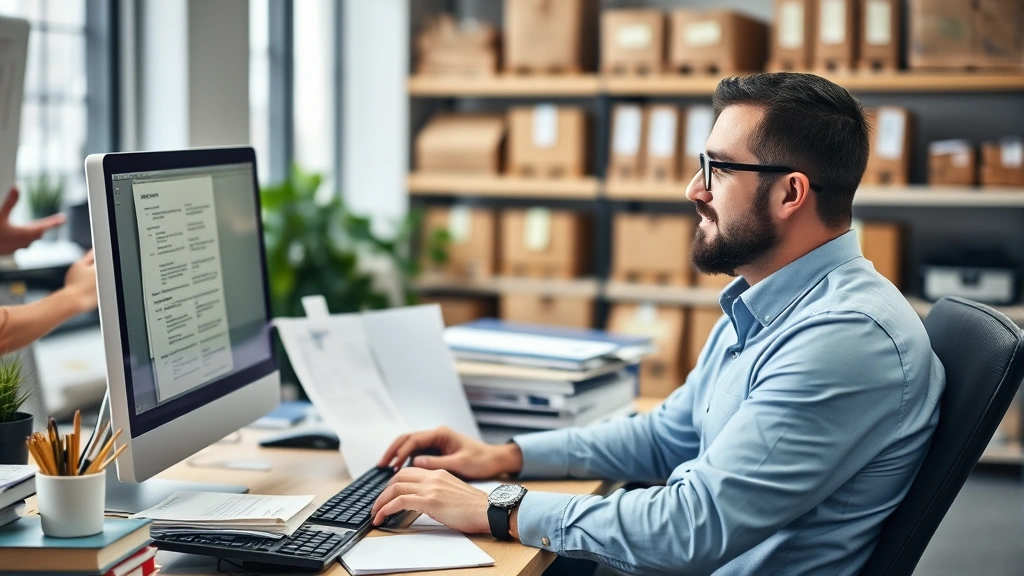 az sales tax tucson - 
Business owner at computer managing inventory and sales tax records in organize