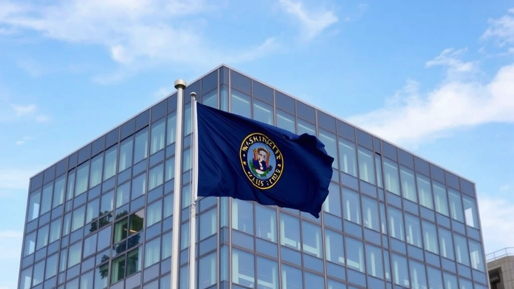 b and o tax - 
Modern office building in Seattle with Washington State flag, representing Wash
