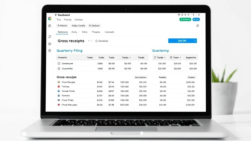 b and o tax - 
Laptop displaying tax software dashboard with gross receipts calculations and q