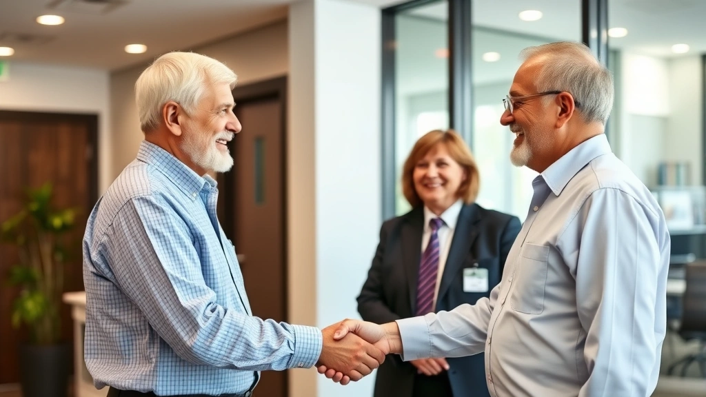 berkeley township tax collector -
Male homeowner shaking hands with municipal official in modern government offic