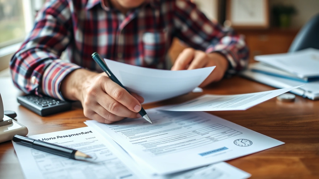 bridgeport taxes - 
Homeowner examining property tax bill and home assessment papers at desk
