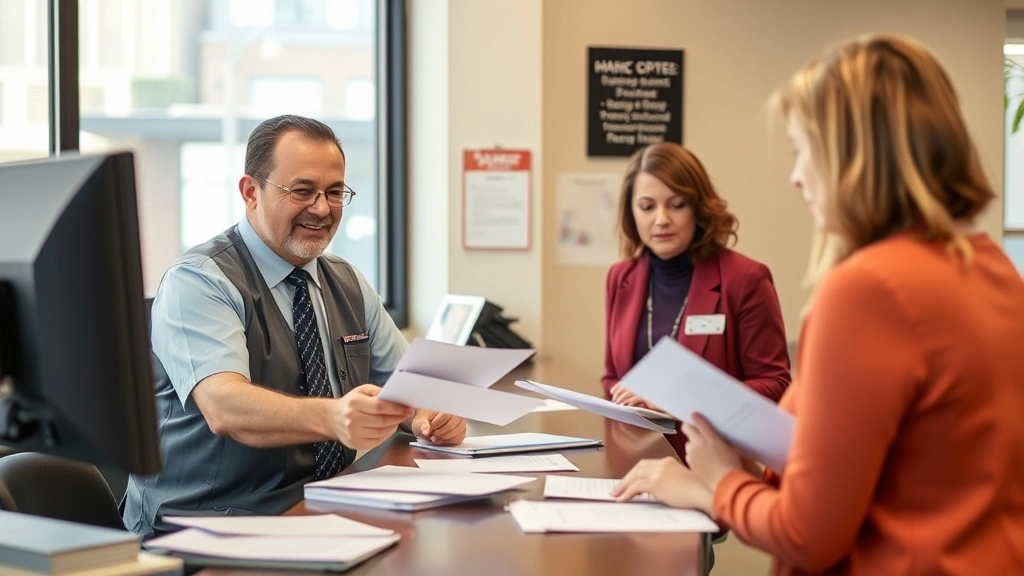bristol tax collector - 
Friendly tax collector or municipal employee at desk helping customer with pape