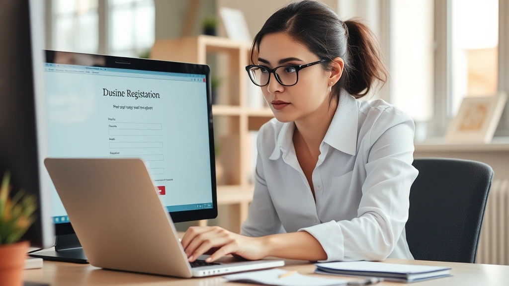 broward business tax receipt -
Businesswoman at computer completing online business registration form on lapto