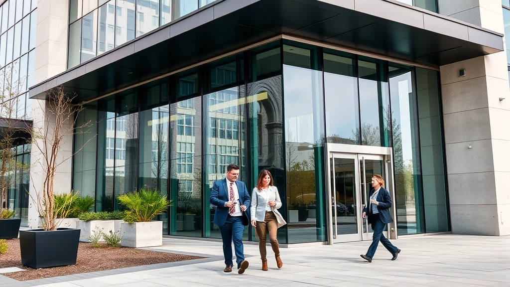 business privilege tax - 
Modern glass office building exterior with business professionals walking, repr