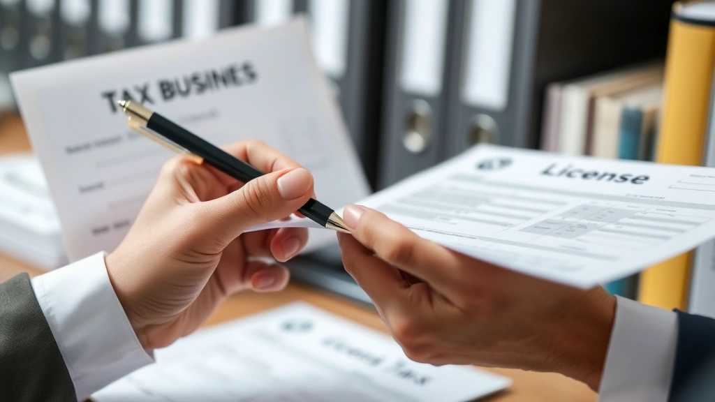 business privilege tax - 
Close-up of hands holding business license and tax forms, pen pointing to signa