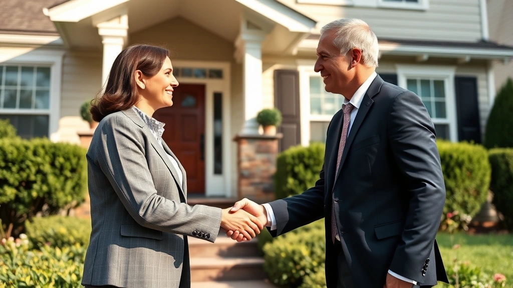 butler county property tax - 
Handshake between homeowner and property tax consultant in front of house, prof