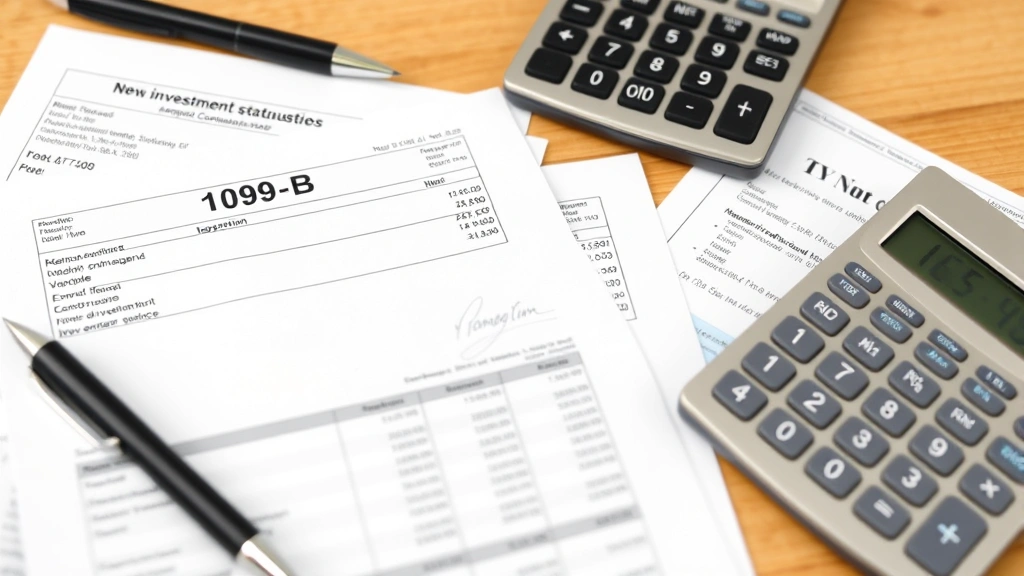 ca capital gains tax - 
1099-B) and investment statements spread on desk with pen and calculator
