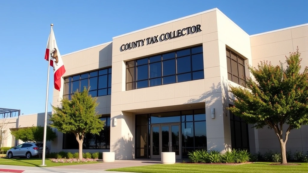 california property tax due dates - 
Modern county tax collector office building exterior with California flag, dayt