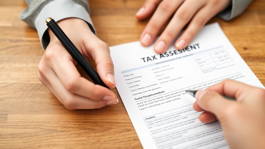 cameron county tax - 
Close-up of hands holding property deed and tax assessment notice with pen read
