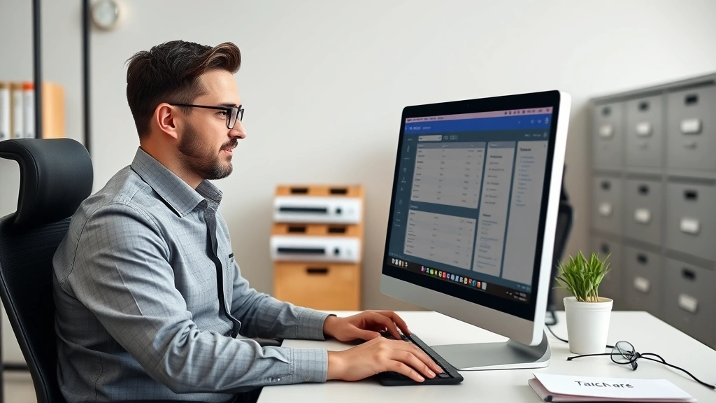 cameron county tax - 
Business owner at computer checking online tax records portal, professional off