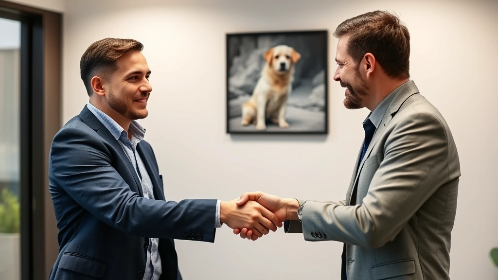 can i claim my emotional support dog on my taxes - 
Handshake between tax professional and client in office with subtle dog photo o