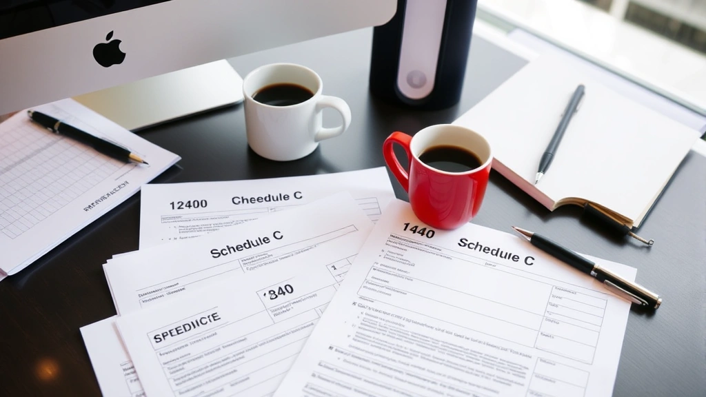 can i file taxes without a w2 - 
Modern office scene with multiple tax forms (1040, Schedule C) arranged on desk