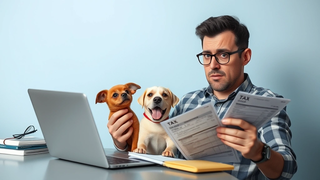 can you claim pets on taxes - 
Frustrated person holding pet supplies and bills, looking at laptop with tax fo