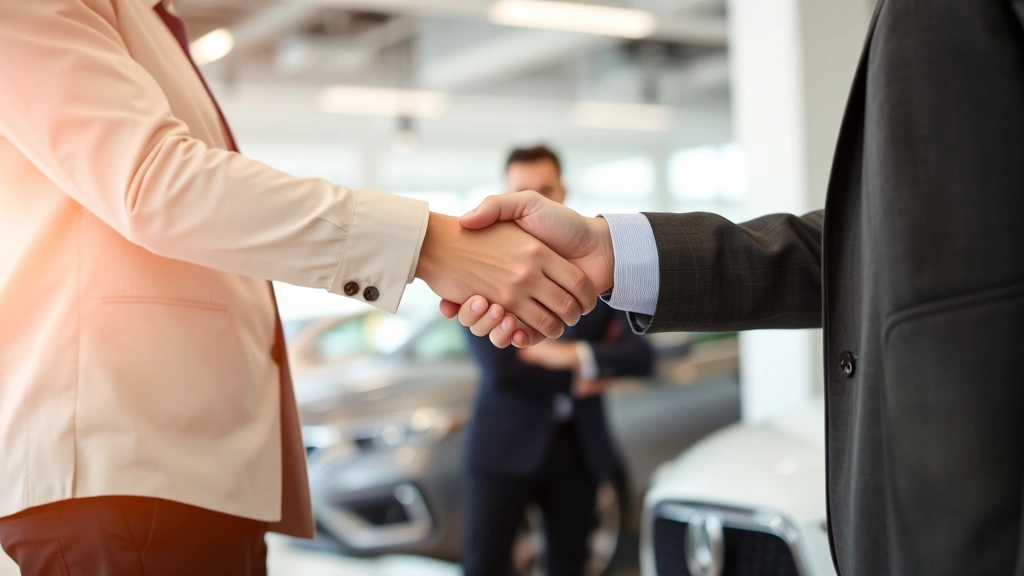 car sales tax in florida - 
Person shaking hands with car salesman in dealership showroom with vehicle in b