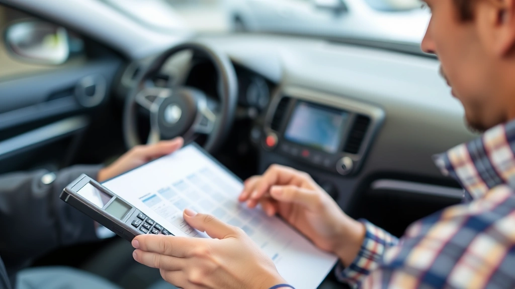 car sales tax in il - 
Person holding calculator and examining vehicle purchase agreement with serious
