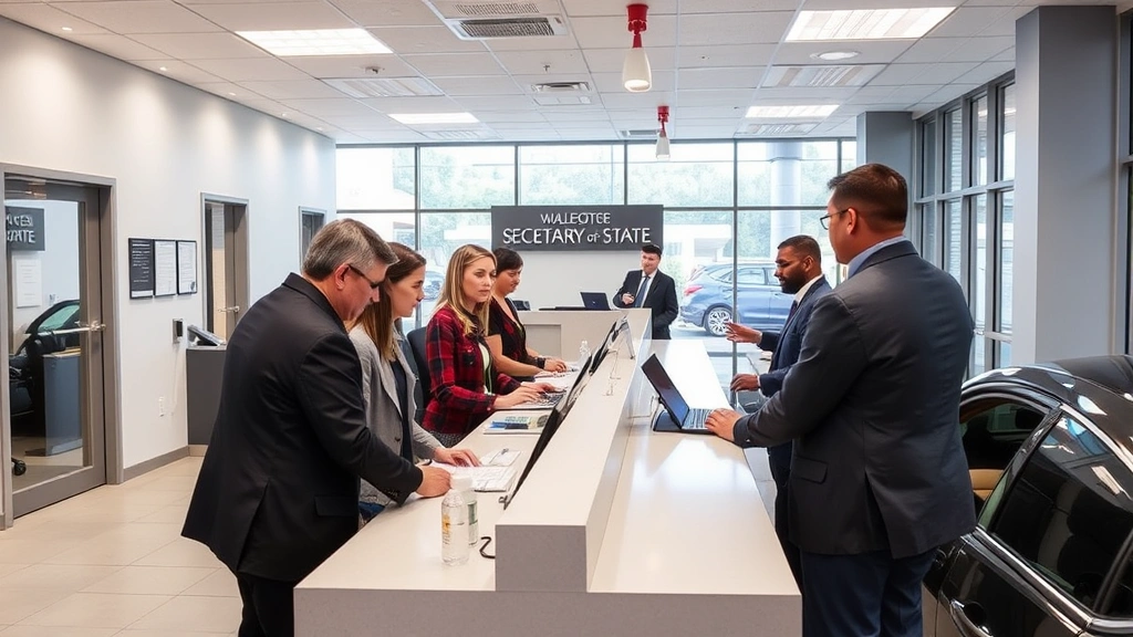 car sales tax in il - 
Modern Secretary of State office interior with customers at service counter reg