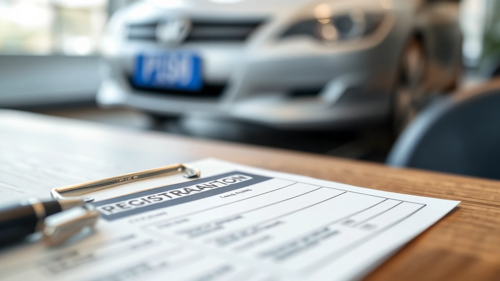 car taxes richland county - 
Close-up of a car registration document and license plate on a wooden table wit
