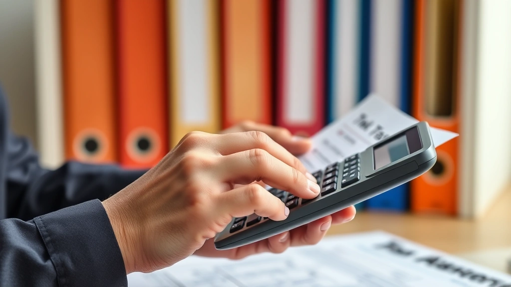 cfp tax tables - 
Close-up of hands holding tax forms and using calculator with organized files i